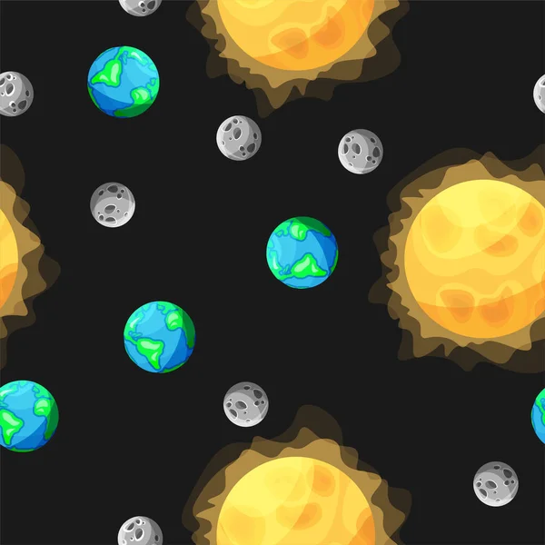 Bezproblémový Vektorový Obrazec Zemí Měsícem Sluncem Černém Pozadí Plochá Kreslená — Stockový vektor