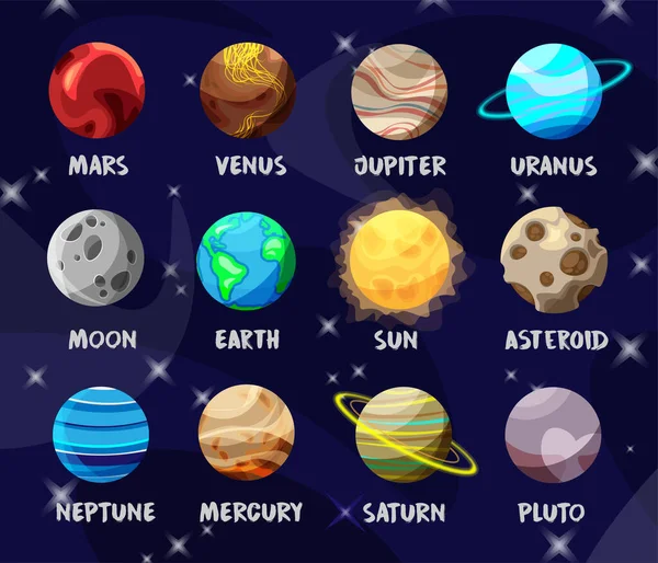 Set Planete Luminoase Colorate Sistemul Solar Luna Soarele Asteroidul Fundal — Vector de stoc