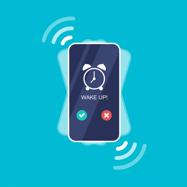 Telefon Med App Väckarklocka Skärmen Vibrerande Smartphone Isolerad Blå Bakgrund — Stock vektor