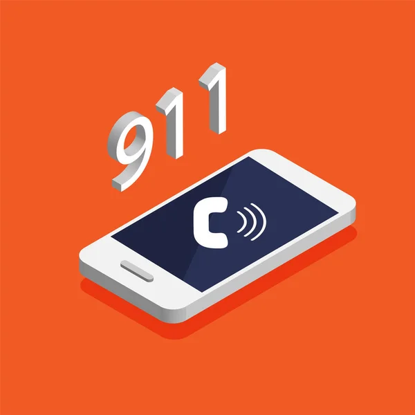 Botón Emergencia 911 Smartphone Isométrico Con Llamada Pantalla — Vector de stock