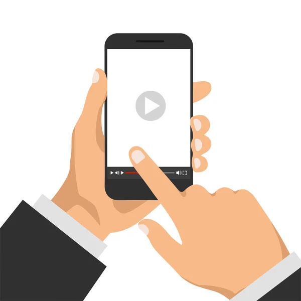 Χέρι Κρατά Τηλέφωνο Συσκευή Αναπαραγωγής Βίντεο Μια Οθόνη Δάχτυλο Κλικ — Διανυσματικό Αρχείο