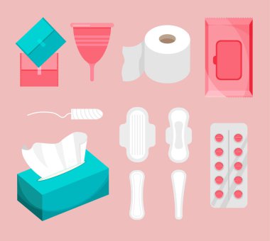 Düz moda kadın hijyen ürünleri seti. Aylık şeyler. Hijyenik pedler, tamponlar, adet bardakları, peçeteler..