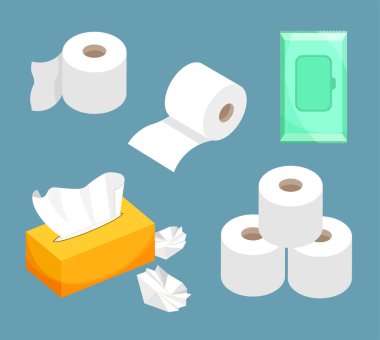 Peçete seti, ıslak mendil, tuvalet kağıdı rulosu. Tuvalet, banyo, mutfak için kullan. Moda tarzında modern düz simgeler.