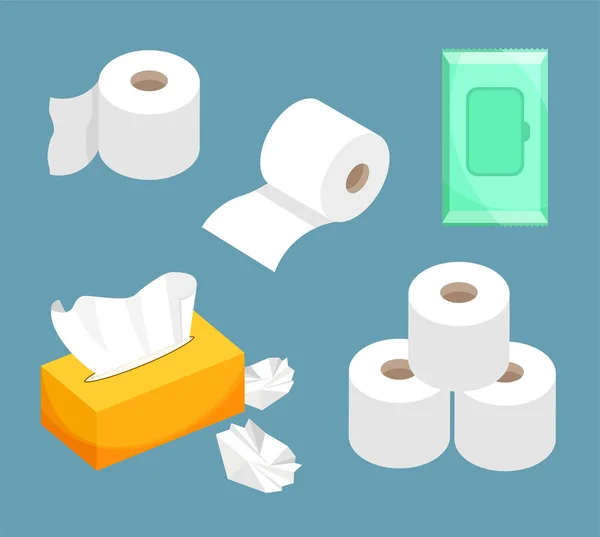 Peçete seti, ıslak mendil, tuvalet kağıdı rulosu. Tuvalet, banyo, mutfak için kullan. Moda tarzında modern düz simgeler.