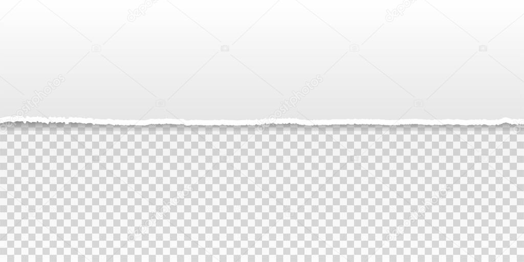 Realistic piece of torn paper. White horizontal paper strip with a soft shadow on transparent background. Vector illustration.