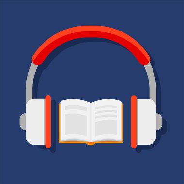 Audiobook konsepti. Mavi arka planda izole edilmiş kulaklık ve kitap. Vektör logo şablonu.