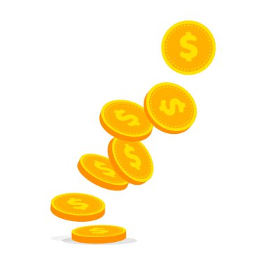 Düşen altın paralar. Para yığını, yığın ya da yığın. Büyük ikramiye ya da başarı konsepti. Büyüme, gelir, tasarruf, yatırım. Zenginliğin sembolü. Vektör illüstrasyonu beyaz arkaplanda izole edildi.