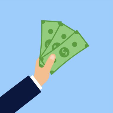 Vektör el parayı tutar. Ödemenin düz tasarımı. Nakit çekilmesi. Finansal operasyonlar. Vektör illüstrasyonu.