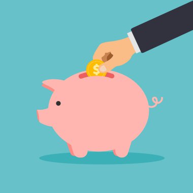 El domuz kumbarasına bozuk para koyar. Düz tasarım vektör çizimi mavi arkaplanda izole edildi.