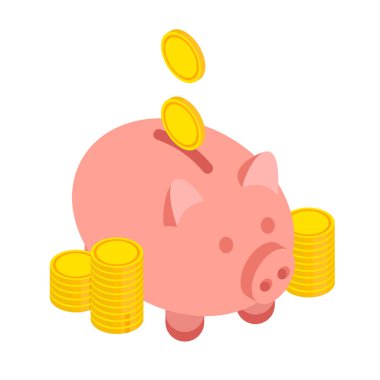 Altın sikkeler ve izometrik tarzda kumbaralar. Vektör illüstrasyonu beyaz arkaplanda izole edildi.