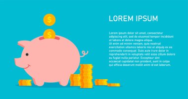 Yığınlanmış altın paralar ve kumbaralar modada düz bir şekilde. Para biriktirmek ya da banka hesabı açmak. Mavi arkaplan üzerindeki metin için yer alan vektör illüstrasyonu.
