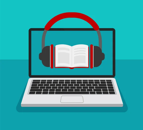 Audioboek Concept Koptelefoon Boek Een Laptop Display Onderwijs Leren Online — Stockvector