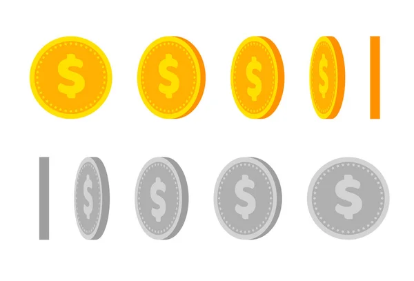 ゲームやアプリのための金のコインアニメーション 異なる形状や位置のベクトル黄金のコイン お金の向きのイラスト — ストックベクタ