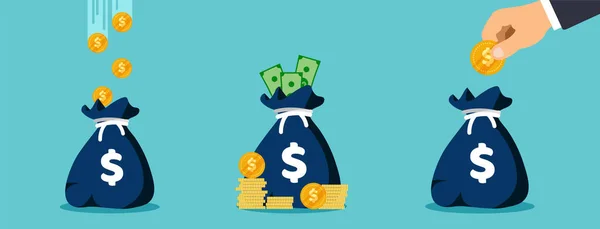 Bozuk para ve para dolu para çantaları. Para çantasına para koy. Vektör illüstrasyonu.