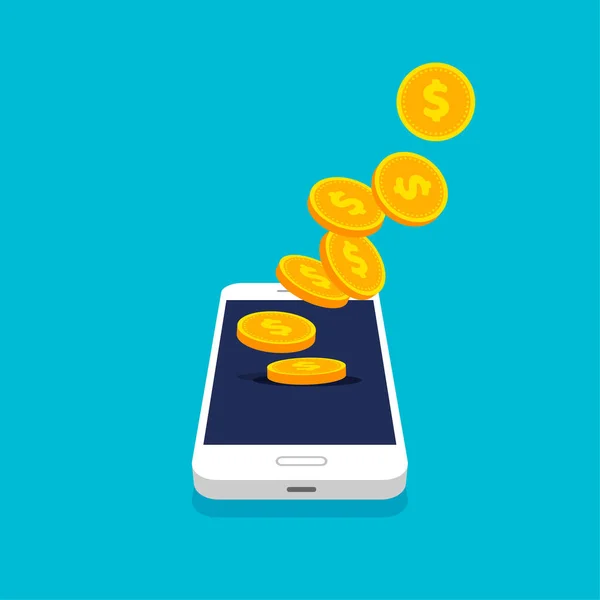 Smartphone Con Montón Monedas Estilo Moda Cayendo Monedas Movimiento Dinero — Vector de stock