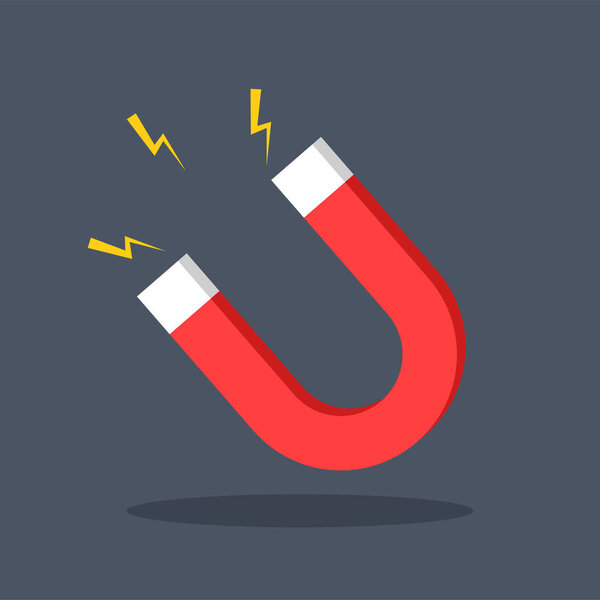 Красная подкова в мультяшном стиле с магнитным знаком силы на темном фоне. U-образный магнит для привлечения. Магнитизировать или притягивать концепцию. Векторная иллюстрация.