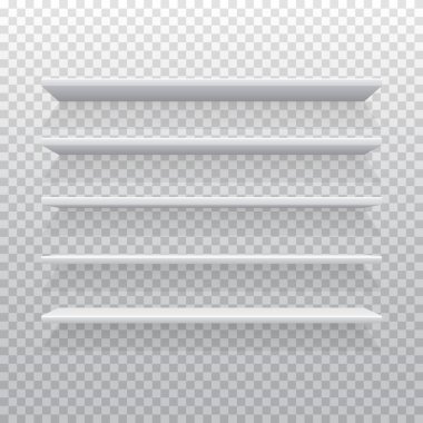 Beş beyaz gerçekçi raf. Şeffaf arkaplanda izole edilmiş boş rafın şablonu. Tasarımın için iç mekanın bir parçası. Vektör illüstrasyonu.