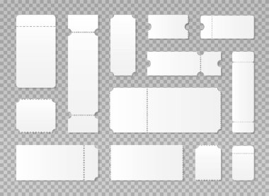 Boş bilet şablonu ayarlandı. Sinema, tiyatro, konser ve bilet. İndirim ve satış kuponları. Vektör illüstrasyonu şeffaf arkaplanda izole edildi.