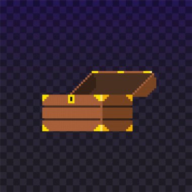 Piksel, video oyunu için boş hazine sandığını aç. Zenginlik. Vektör illüstrasyonu koyu arkaplanda izole edildi.