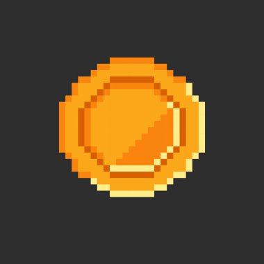 16 bit retro oyunu için altın sikke. Siyah arka planda izole edilmiş vektör altın pikselli para. Paranın resmedilmesi 8bit.