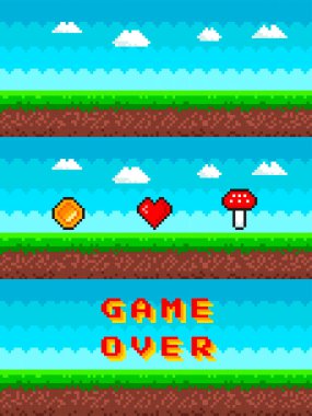 Piksel sanatsal arka plan seti. Gökyüzü, bulutlar, toprak ve çimlerle dolu 8 bit resim. Oyun ya da uygulamalar için peyzaj. Oyun kumandanı. Vektör illüstrasyonu