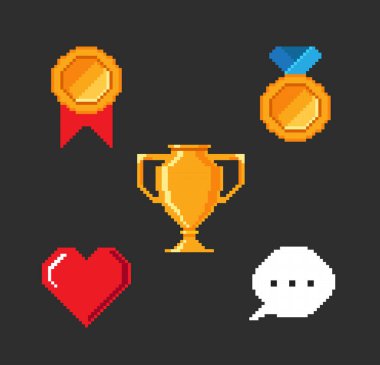 Piksel oyun nesneleri kümesi. Minimalist grafik 8-bit simgeleri. Piksel kadehi, kalp, ödül, ödül, madalya, balon dili. Siyah arkaplanda izole edilmiş retro oyun tarzında vektör illüstrasyonu.
