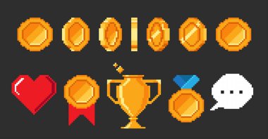 Piksel oyun nesneleri kümesi. 16-bit retro oyun için bozuk para animasyonu. Piksel kadehi, kalp, ödül, ödül, madalya, balon dili. Siyah arkaplanda izole edilmiş retro oyun tarzında vektör illüstrasyonu.