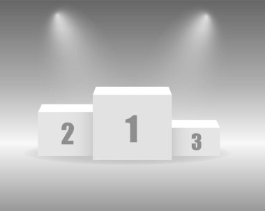 Beyaz kazananlar aydınlatma ile kaideye otururlar. Birinci, ikinci ve üçüncü yarışmayı kazananlar için 3D podyum. Vektör illüstrasyonu