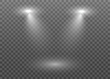 Sahne ışıkları ya da projektörlü gerçekçi 3D ışık kutusu. Gösteri odası aydınlatması. Gösteri ve sergi için ışık kutusu arka planı. Stüdyo içi boş ve boş şablon.