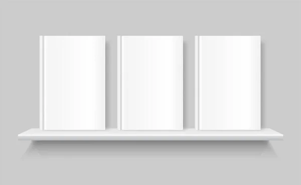 书架上的白色空白书 书的空封面 灰色墙壁上的架子 — 图库矢量图片
