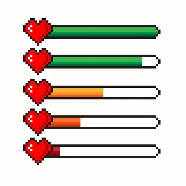 Piksel oyun yaşam çubuğu beyaz arkaplanda izole edildi. Vektör sanatı 8 bit sağlıklı kalp barı. Oyun denetleyici, semboller ayarlandı.