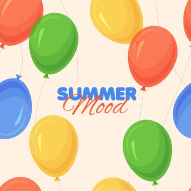 Çizgi filmlerdeki parlak renkli balonlar kusursuz desenler. Yaz afişi şablonu. Doğum günü için sarı, kırmızı, yeşil ve mavi balonlar, bayram etkinlikleri, partiler, düğünler. Vektör illüstrasyonu.