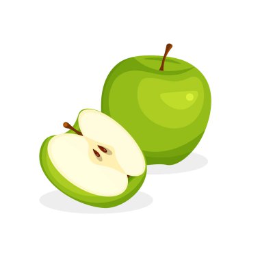 Taze, yarım, dilimlenmiş yeşil elma parçası beyaz arka planda izole edilmiş. Vejetaryen yemek vektör simgeleri modaya uygun çizgi film tarzında. Sağlıklı konsept.