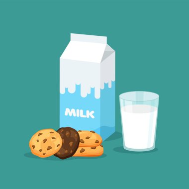 Süt ambalajı ve bir bardak süt ile geleneksel çikolatalı cips kurabiyeleri. Karton paket şablonu. Vektör çizimi izole edildi.