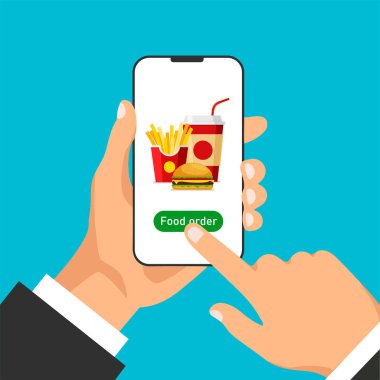 Akıllı telefonu tutuyor ve internetten yemek sipariş ediyor. Yemek siparişi ve teslimat. Ön manzara. Düz moda vektör illüstrasyonuName.
