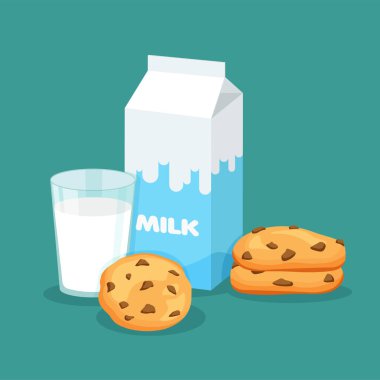 Süt ambalajı ve bir bardak süt ile geleneksel çikolatalı cips kurabiyeleri. Tasarımınız için karton paket şablonu. Mavi arkaplanda vektör illüstrasyonu izole edildi.