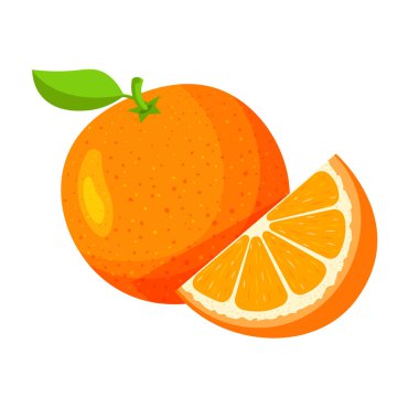 Parlak taze turuncunun yarısı beyaz arka planda izole. Mandalina ve yapraklar. Vejetaryen yemek vektör simgeleri modaya uygun çizgi film tarzında. Sağlıklı gıda konsepti.