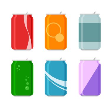 Alüminyum kutularda karikatür soda seti. Farklı aromalı karbonatlı alkolsüz su. Renkli ambalajlarda içecekler. Beyaz arkaplanda izole edilmiş vektör illüstrasyon şablonu.