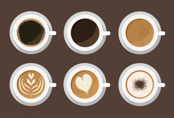 Beyaz bardaklarda sıcak kahve menüsü. Üst Manzara. Latte, cappuccino, americano, espresso, mocha, kakao. Vektör illüstrasyonu.