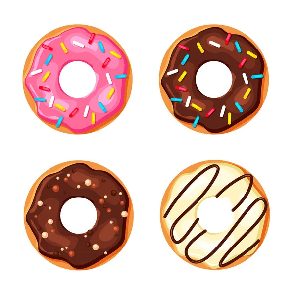 Cartoon Colorful Donut Set Isolated White Background Top View Sweet — Stock Vector
