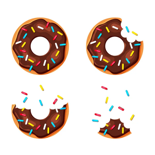 Cartoon Kleurrijke Donuts Set Geïsoleerd Witte Achtergrond Bijten Bijna Opgegeten — Stockvector