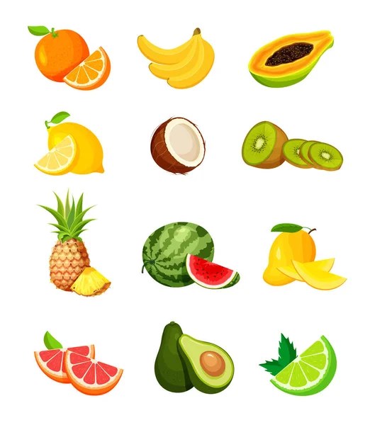 Set Exotic Tropical Fruits Trendy Flat Style Vegan Food Vector — Stock Vector