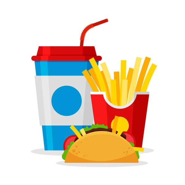 Almuerzo Con Papas Fritas Tacos Refrescos Estilo Plano Moda Llévate — Vector de stock