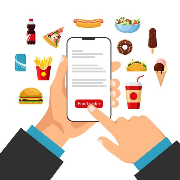 Akıllı telefonu tutuyor ve internetten yemek sipariş ediyor. Yemek siparişi ve teslimat. Yemek pişirme uygulaması. Ön manzara. Düz moda vektör illüstrasyonuName.