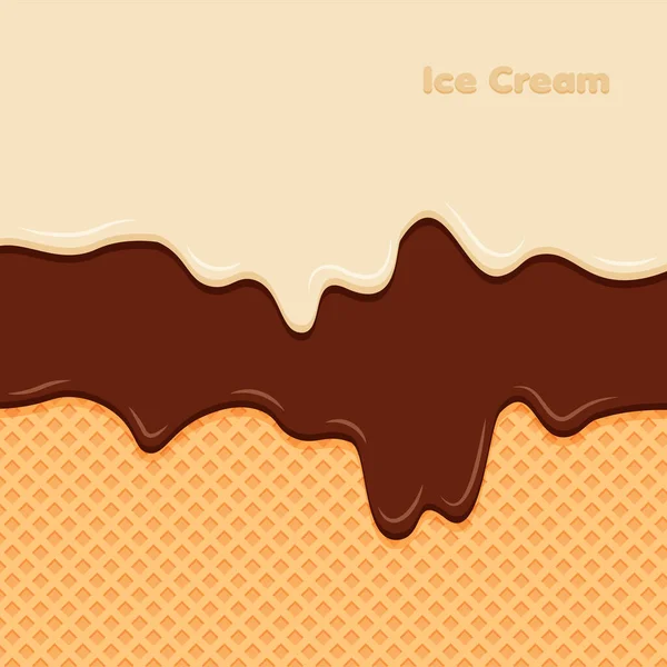 Vanille Und Schokoladencreme Schmolzen Auf Waffeluntergrund Süßes Eis Hintergrund Vektorillustration — Stockvektor