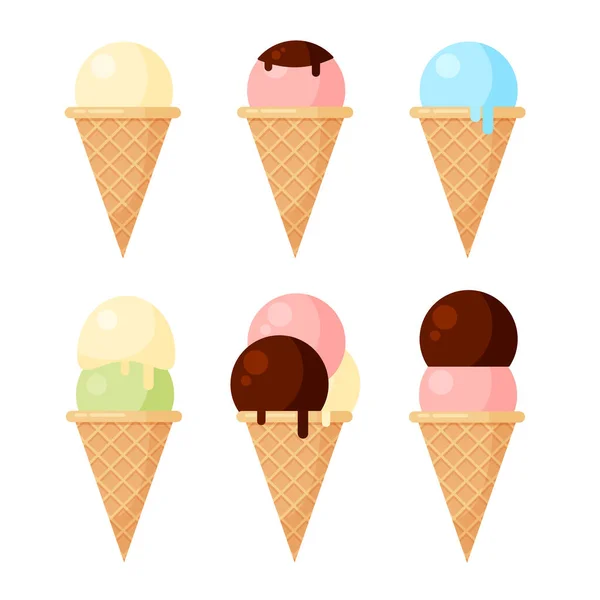 Ice Cream Set Cone Different Fillings Trendy Cartoon Style Ice — Stock Vector