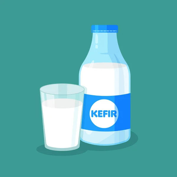Vektor Fermentierte Milchverpackung Und Volles Glas Kefir Auf Blauem Hintergrund — Stockvektor