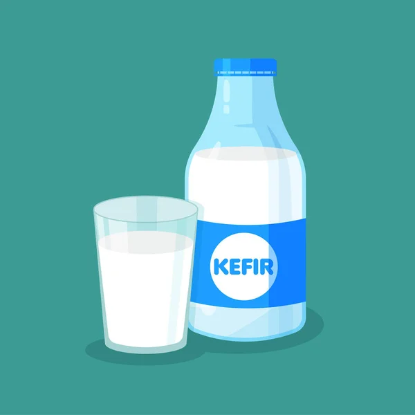 Vektör mayalanmış süt ambalajı ve mavi arka planda bir bardak kefir. Tasarımın için şişe şablonu. Vektör illüstrasyonu.
