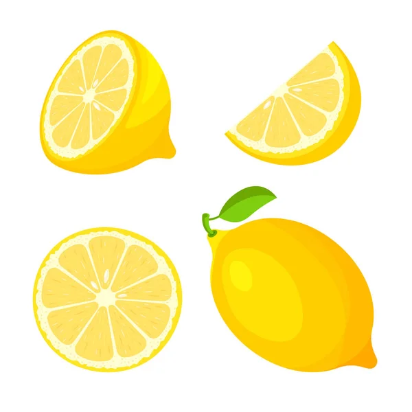 Set Fresh Whole Half Cut Slice Lemon Isolated White Background — Stock Vector