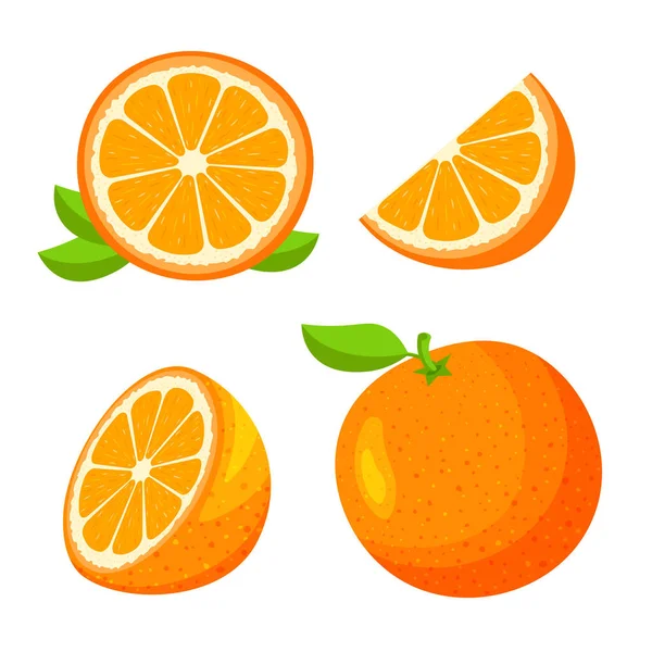 Набор Свежих Целых Половина Срезанный Кусок Апельсина Фрукты Изолированы Белом — стоковый вектор
